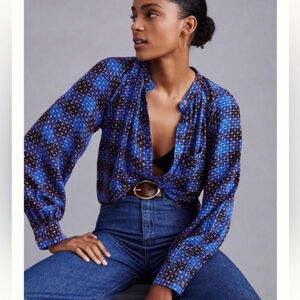 ANTHROPOLOGIE PILCRO Embroidered Plaid Button Up Size XS Crew Neck Long Sleeve